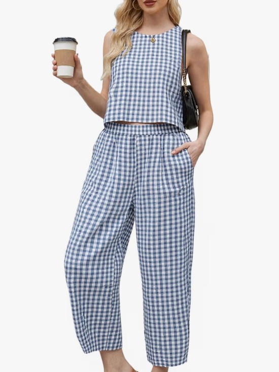 Pants - Women’s 2 Piece Linen Blue Gingham Tank Top Wide Leg Pants Set Size S 2 4 6